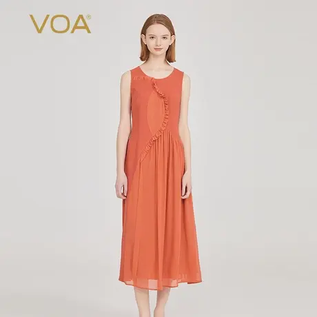 VOA60姆米重磅长空桑蚕丝圆领无袖拼接乔其丝绸木耳边装饰连衣裙图片