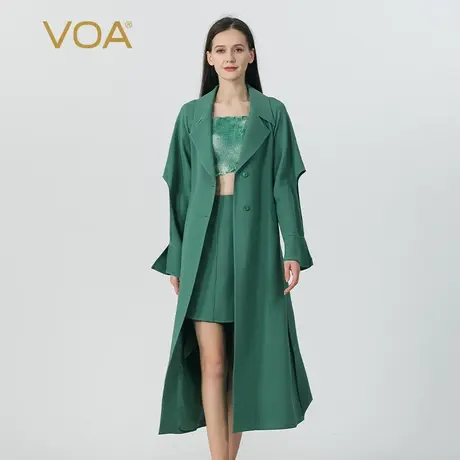 VOA草绿色60姆米重磅长空桑蚕丝戗驳领喇叭长袖绑带真丝风衣外套商品大图