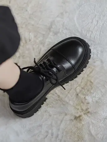 潮牌简约复古系带小皮鞋女2023年秋季新款百搭厚底英伦风黑色单鞋商品大图