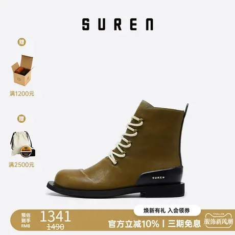 素人SUREN 春秋新款女靴子 牛皮英伦风时尚高帮靴平跟系带皮靴109图片