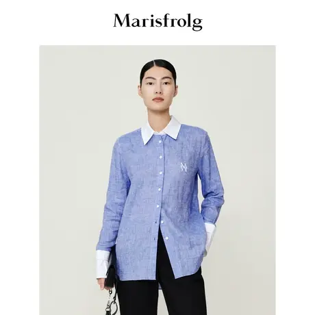 【环保系列】玛丝菲尔秋季新款亚麻蓝色长袖宽松衬衫上衣女商品大图