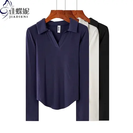 春季韩版立翻领纯白显瘦纯色长袖体恤上衣内搭打底衫女装POLO衫商品大图