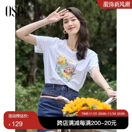 OSA欧莎经典舒适白色猫咪印花宽松短袖t恤女夏装2023新款上衣薄款图片