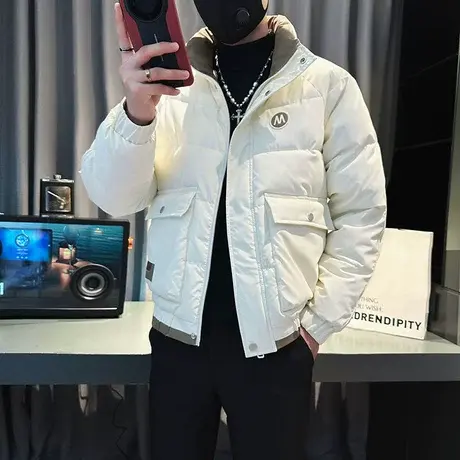 冬季潮牌撞色棉服男痞帅棉衣工装棉袄子2023新款男士冬装短款外套图片