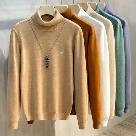 毛衣男2023秋冬新款白色高领刺绣休闲保暖百搭打底衫男士针织衫潮商品大图