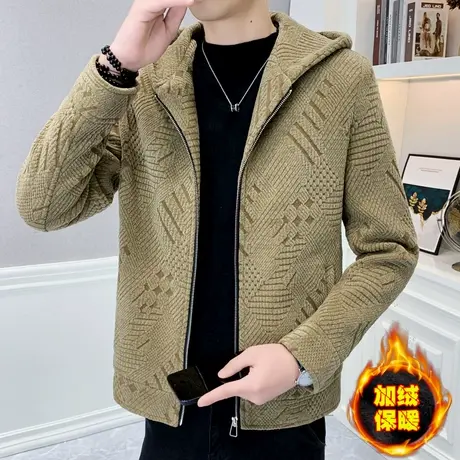 冬季高级感压花夹克男士加绒加厚休闲帅气连帽大衣雪尼尔冬装外套商品大图