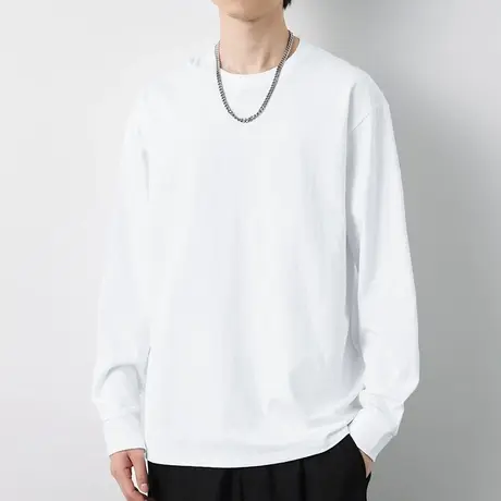 260g美式重磅纯棉长袖t恤男纯色白色内搭打底衫秋冬宽松全棉秋衣商品大图