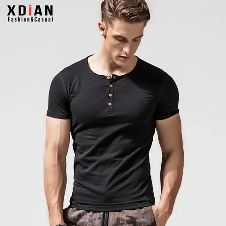复古亨利衫紧身短袖男士T恤打底衫纯棉亨利领修身体恤夏季上衣潮商品大图
