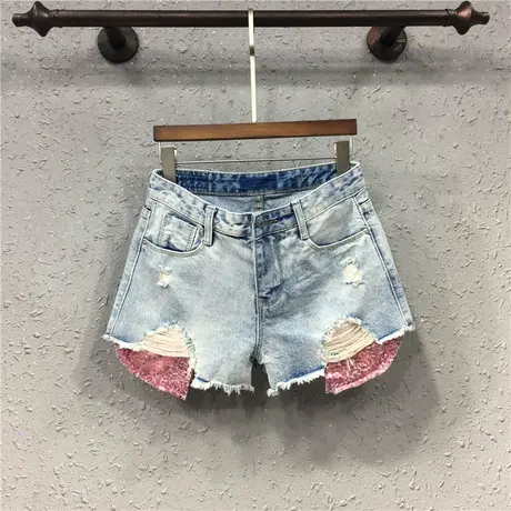 欧货春夏新款显瘦时尚亮片牛仔短裤女毛边个性宽松潮流阔腿热裤商品大图