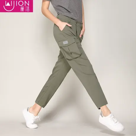 丽洁女裤新潮工装裤女夏季薄款高腰哈伦裤九分裤微垮休闲白色裤子商品大图