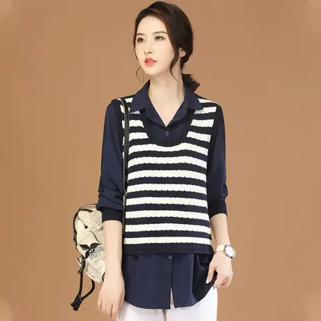 韩潮袭人假两件条纹长袖针织衫上衣女2023秋季新款休闲百搭毛衣商品大图