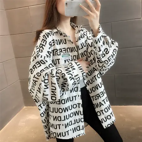 2023秋季新款网红中长款衬衫女韩版宽松慵懒风衬衣印花字母外套潮商品大图