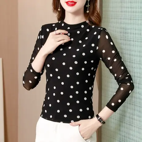 波点网纱T恤女长袖春秋2024新款加绒半高领打底衫修身洋气上衣ins图片