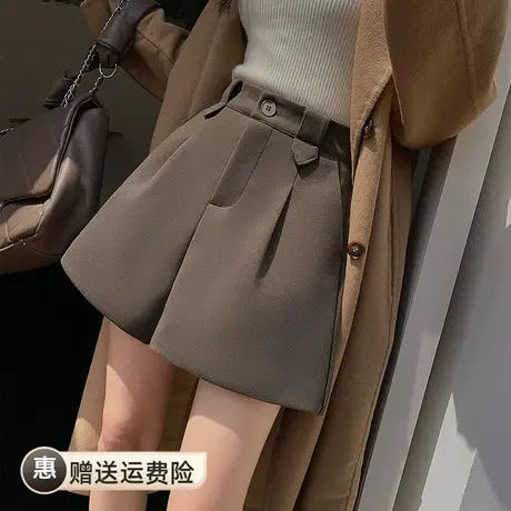 咖色毛呢短裤女2023秋冬新款a字裤高腰休闲阔腿靴裤女外穿配腰带图片