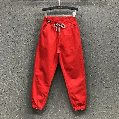 欧货春夏新款时尚休闲松紧高腰宽松显瘦红色牛仔哈伦束脚长裤女潮商品大图