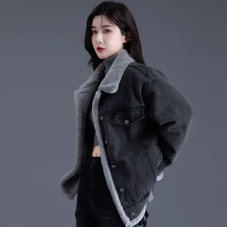加绒牛仔外套女2024新款爆款洋气韩系慵懒风加厚宽松上衣棉袄棉服商品大图