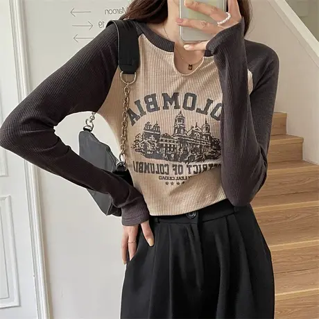 春秋季新款2024纯棉插肩长袖t恤女宽松百搭时尚撞色奶油杏色上衣图片