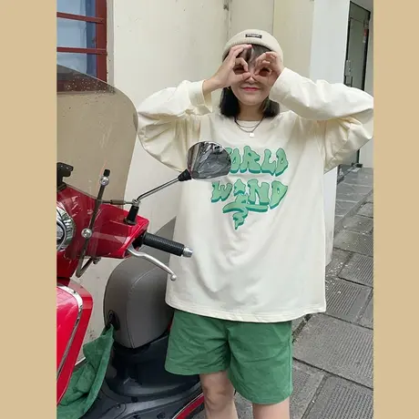 红续原创字母小众设计感宽松bf百搭薄款纯棉长袖卫衣T恤女上衣ins商品大图