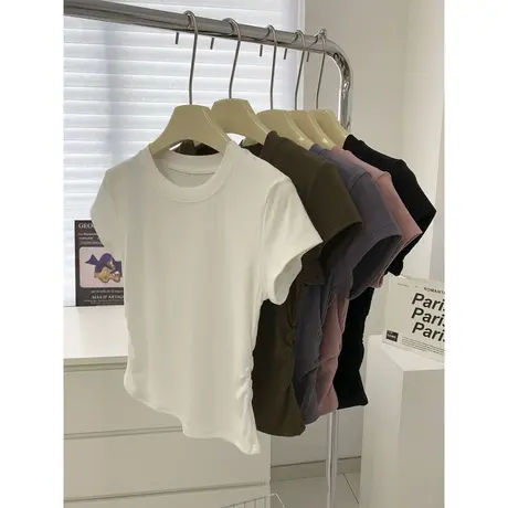 小个子短款纯棉正肩短袖体恤女夏季百搭修身韩版打底衫上衣体恤潮商品大图