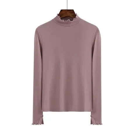 秋冬新半高领荷叶边修身体恤长袖打底衫内搭纯白上衣纯色女装T恤图片