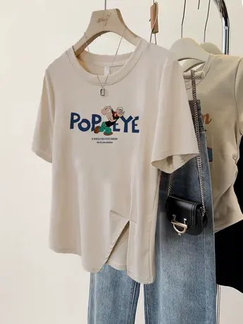 大码女装t恤夏季设计感小众潮ins不规则下摆开叉遮肚显瘦短袖上衣商品大图