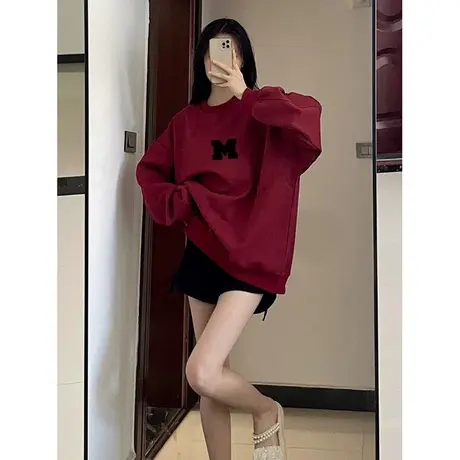 港味chic冬季新款大码酒红色卫衣女高级感加绒外套休闲潮ins上衣商品大图