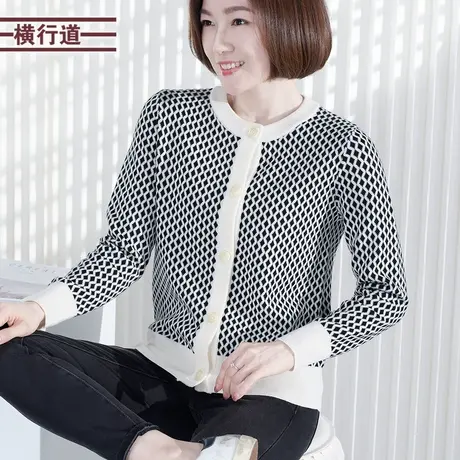 圆领复古格子长袖针织衫休闲宽松开衫2024春装新款女装外套妈妈装图片