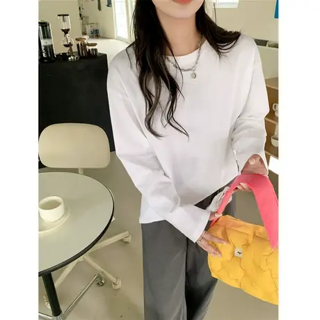 白色打底衫女春秋冬季叠穿卫衣内搭加德绒长袖T恤宽松中长款上衣商品大图