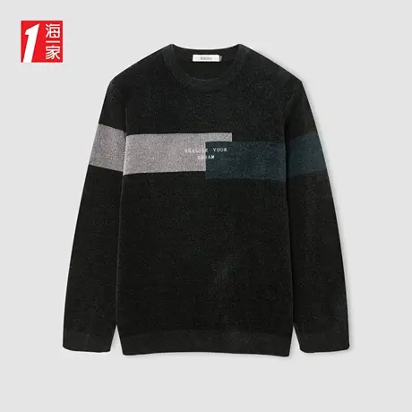 海一家时尚拼色套头衫2023冬季新款保暖舒适基础圆领长袖针织衫男商品大图