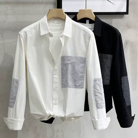 日系休闲衬衫男长袖外穿拼接口袋免烫衬衣男外套韩版潮流青年上衣商品大图