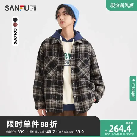 三福2023冬男士复古格子长棉衣 时尚贴标宽松翻领外套男472752图片