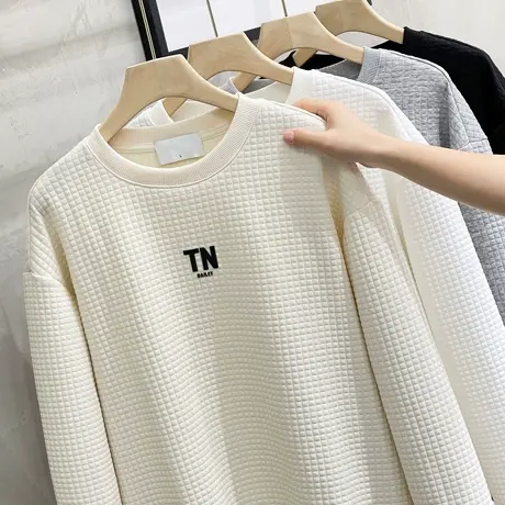 美式重磅华夫格肌理卫衣男秋冬季高级长袖打底衫男士圆领套头外套图片