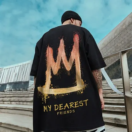 欧美oversize短袖T恤男潮牌宽松青少年大码国潮加肥加大纯棉半袖商品大图