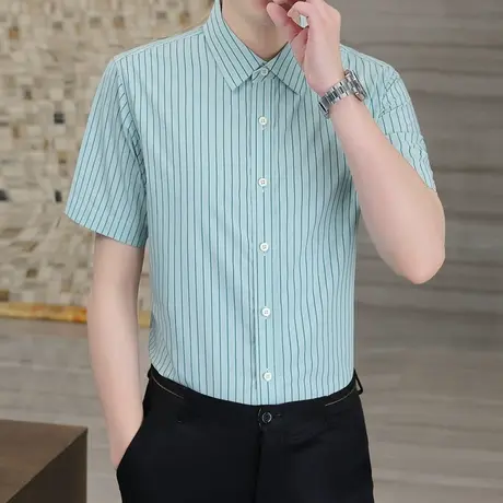 夏季短袖衬衫免烫男潮牌条纹修身商务正装高级感休闲半袖衬衣潮流商品大图