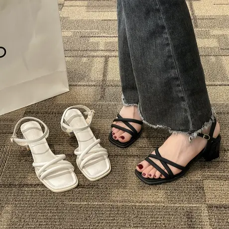 高跟鞋女夏天时尚粗跟中跟凉鞋2024新款夏季法式仙女风气质一字带商品大图