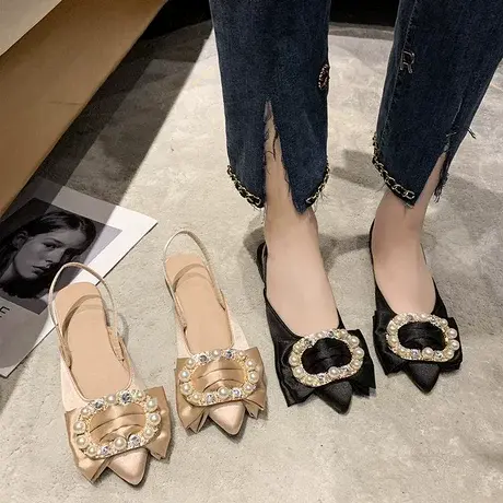 2023串珠春新款包头凉鞋女蝴蝶结中跟串珠单鞋性感尖头平底鞋潮商品大图