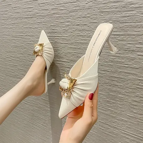 凉拖鞋女外穿2024年新款夏季水钻尖头细跟半拖鞋一脚蹬高跟穆勒鞋商品大图