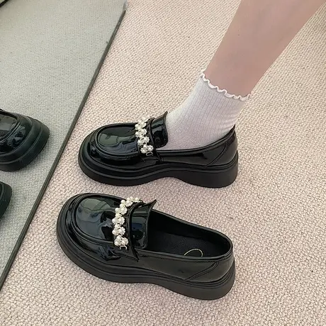 黑色乐福鞋女2023春季新款小众设计法式珍珠英伦风百搭厚底小皮鞋商品大图
