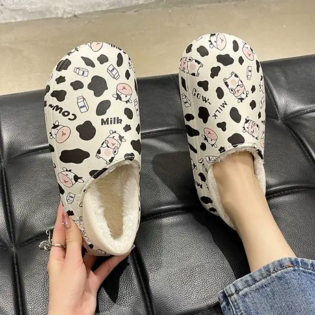 包跟棉拖鞋女冬季可爱奶牛厚底加绒保暖防滑防水室内居家棉鞋外穿商品大图