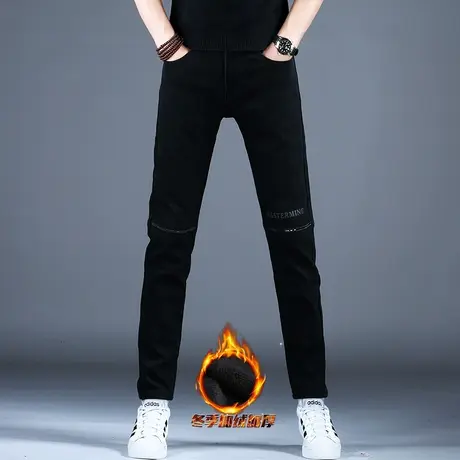 男士冬季加绒裤子男牛仔裤男款黑色小脚修身2023新款美式高街潮牌商品大图