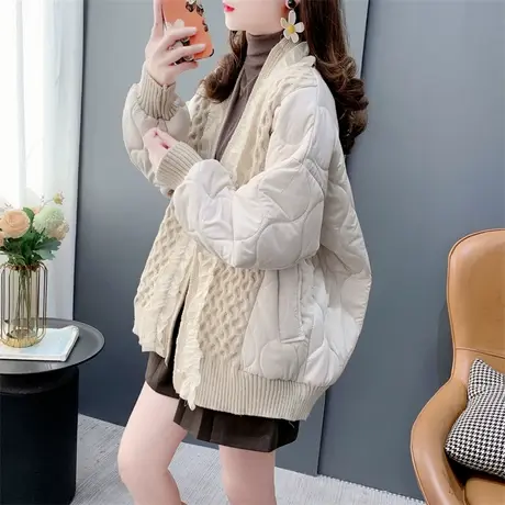 设计感蕾丝边夹棉拼接毛衣开衫女2023年新款秋冬宽松加厚保暖外套商品大图
