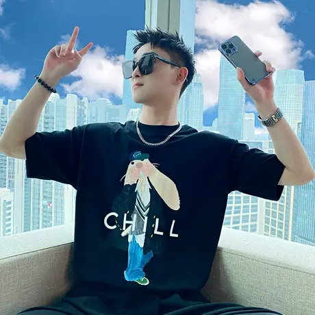 夏季网红ins潮牌潮流短袖T恤男2023流行人物印花个性百搭圆领半袖商品大图