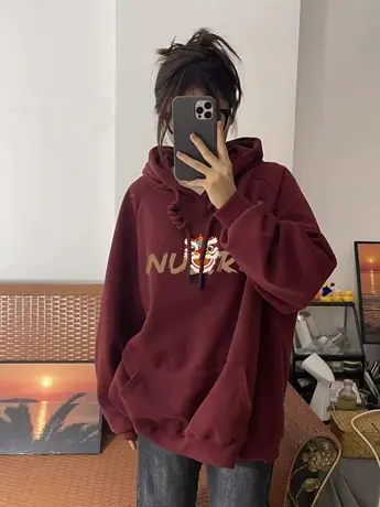 港风vintage酒红加绒卫衣女复古大码冬季上衣ins潮闺蜜装连帽外套商品大图