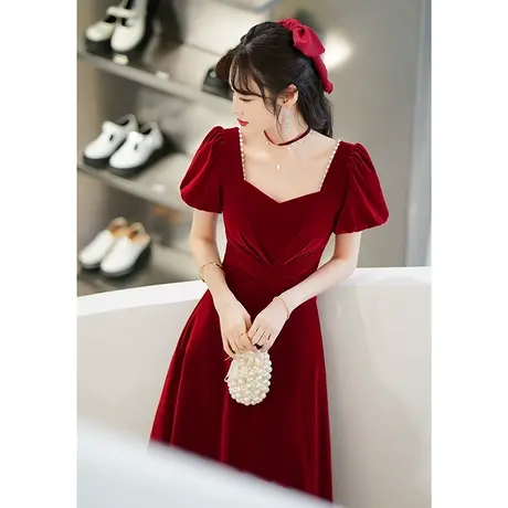 敬酒服新娘高级感小个子法式公主裙订婚礼服女红色连衣裙平时可穿图片