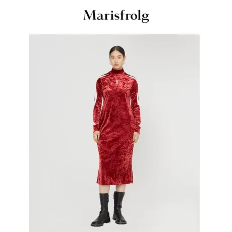 Marisfrolg玛丝菲尔女装2022年春季新款红色丝绒长袖高领连衣裙商品大图