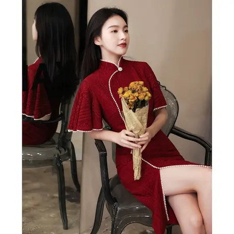 旗袍敬酒服新娘平时可穿夏季酒红色订婚回门礼服连衣裙开叉飞飞袖商品大图