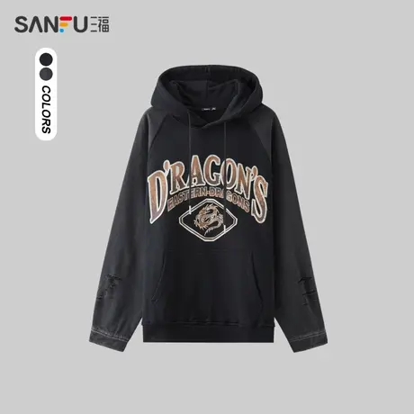 三福2024春季男士插肩拼接撞色牛仔卫衣 宽松连帽上衣男480931商品大图