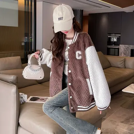 唐狮棒球服外套女仿兔毛2023冬季新款高级感仿麂皮绒毛毛上衣加厚商品大图