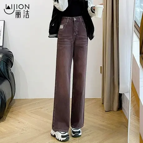 时尚个性紫色牛仔裤女春秋季新款直筒裤长裤宽松高腰窄版阔腿裤子商品大图