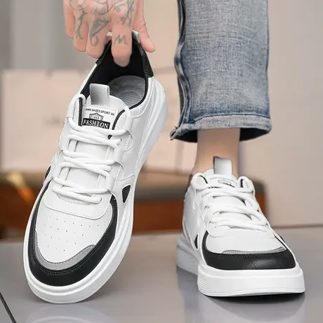 男鞋春秋款2024新款青少年潮牌百搭休闲板鞋皮面运动软底小白潮鞋图片